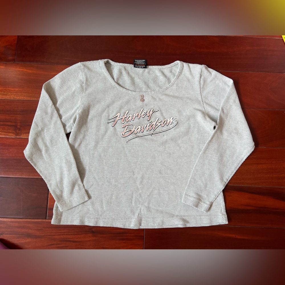 Vtg USA Harley Davidson Thermal Waffle Knit Shirt Gray Cotton Size XL USA Made